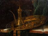 tableau représentant une nature morte avec une théière, un livre et un livre ouvert