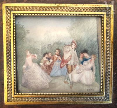 Miniature de forme rectangulaire dans le goût de WATTEAU. Dé…