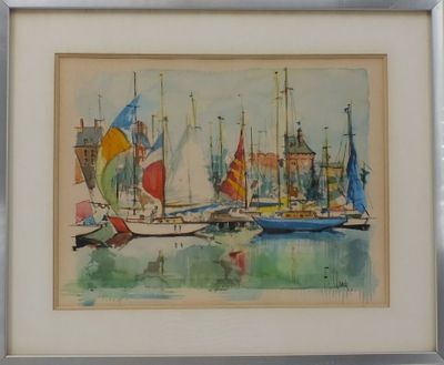 une photo d'une aquarelle représentant des voiliers dans un port