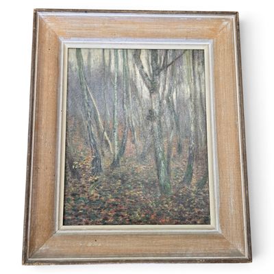 an oil painting of a forest scene with trees and leaves