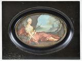 tableau représentant une femme en robe rose assise dans un décor boisé