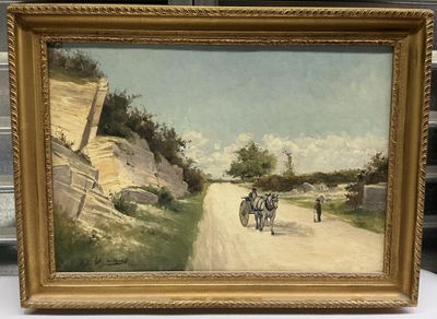 a painting of a man riding a bike down a dirt road
