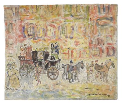 painting of a horse drawn carriage in front of a building