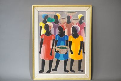 Joseph Cameau, huile sur isorel "groupe de femmes Africaine"…