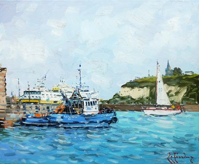 painting of a blue boat in the water near a pier