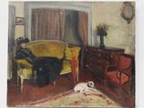 un tableau représentant une femme assise sur un canapé avec un chien