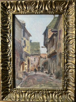 an oil painting of a street scene with buildings and a horse drawn carriage
