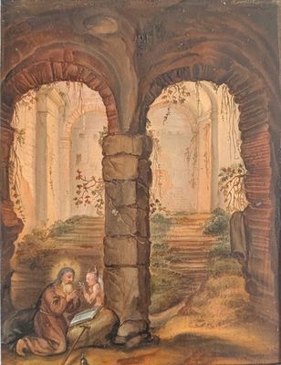 an image of a painting of a man reading to a child