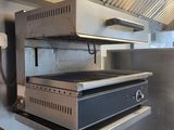 a stove top oven in a commercial kitchen with stainless steel cabinets