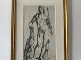 a picture of a man and a dog hanging on a wall