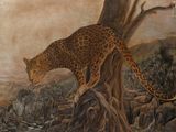 a painting of a leopard standing on a tree stump