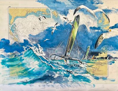 un dessin représentant un voilier survolé par des mouettes