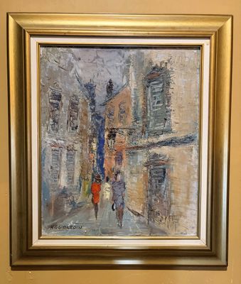 une peinture à l'huile représentant des personnes marchant dans une rue en ville