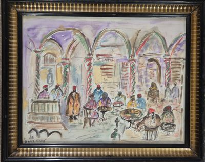 un tableau représentant un groupe de personnes dans un bâtiment