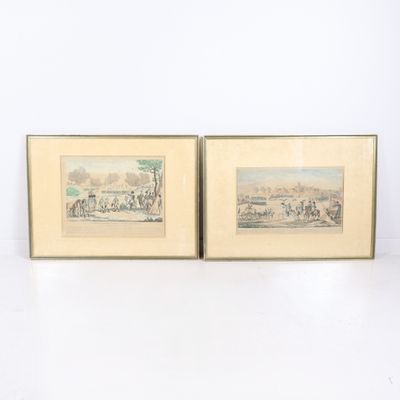 deux reproductions encadrées représentant des chevaux et des jockeys dans un paysage