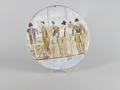 a plate with a picture of a group of people on it
