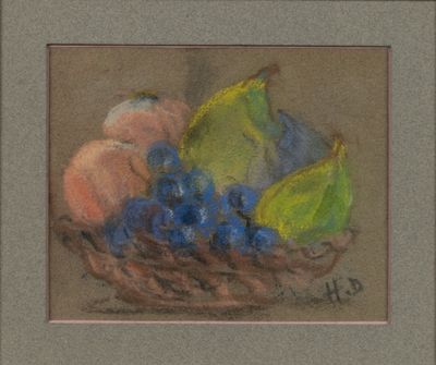 a painting of fruit in a basket on a table