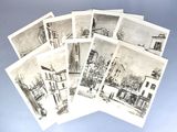 several old black and white photos of a street with buildings