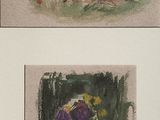 two paintings of a couple of people sitting on a grass covered field