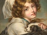 painting of a young girl holding a dog in her arms