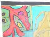 un dessin représentant un chien et un chat sur un mur