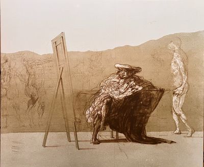 drawing of a man sitting in a chair next to a painting easel and another man standing in the background