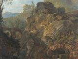 tableau représentant une cascade, avec un homme et un chien au premier plan