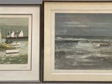 two framed pictures of boats on the water and a boat in the water