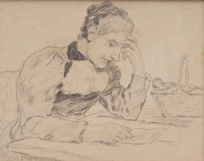 drawing of a woman sitting at a table with her hand on her face