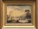 une peinture à l'huile représentant une scène fluviale avec un bateau au loin