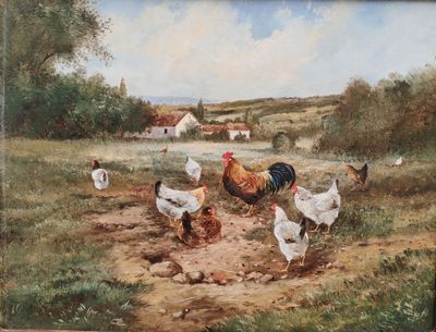 un tableau représentant des poulets dans un champ, avec une maison en arrière-plan