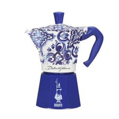 une photo d'une cafetière de cuisinière bleue et blanche