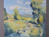 une peinture à l'huile représentant une rivière et des arbres dans un champ