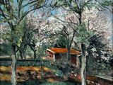 an image of a painting of trees and a house in a field