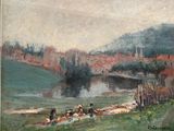 peinture représentant un tableau d'une rivière avec un pont en arrière-plan