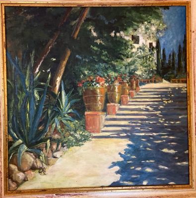 une peinture représentant des plantes en pot au bord de la route