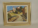 painting of a road with a church in the background