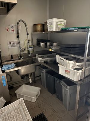 une cuisine équipée d'un évier et de plusieurs poubelles