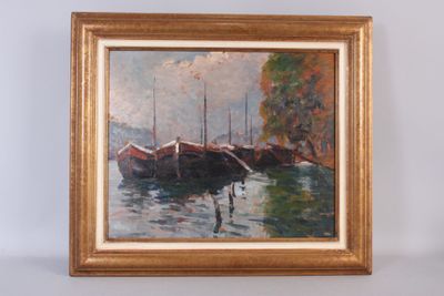 a painting of boats on the water in a gold frame