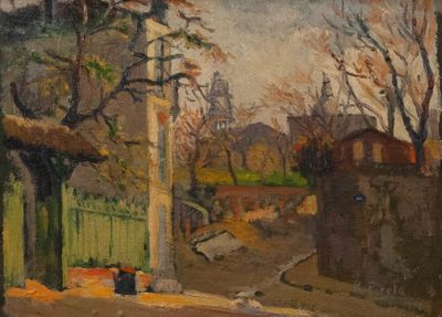an oil painting of a street scene with a fence and trees