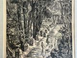 tableau représentant des personnes marchant sur un sentier dans une zone boisée