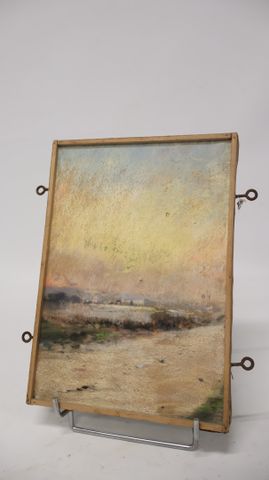 « Paysage ». Pastel et aquarelle sur toile. Non signée. Trou. 26 ...