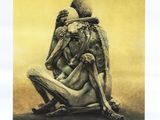 an image of a poster with a statue of a man sitting on a bench