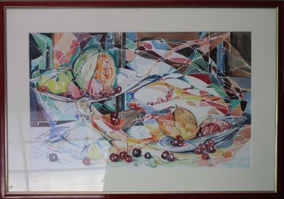 une image d'une peinture représentant une coupe de fruits sur une table