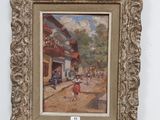 an image of a painting of a street scene with a woman walking down the street