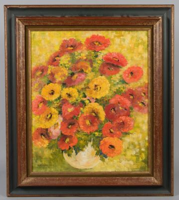 une peinture de fleurs dans un vase sur une table
