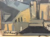 a painting of a building with a clock on top of it