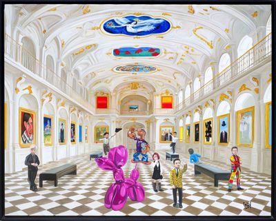 a painting of people in a large room with paintings on the walls