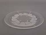 a glass plate with leaves on it on a table