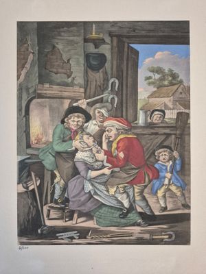 un vieux tableau représentant une famille dans une cuisine avec un enfant